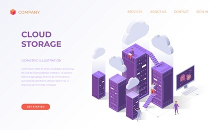 website landing page, promotion poster, flyer or brochure concept for cloud data storage, isometric vector illustration