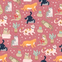 seamless pattern with cute funny cats different breed isolated on pink background sitting, laying, hiding in box. flat cartoon style. vector illustration. for packaging paper, banner, textile etc. 