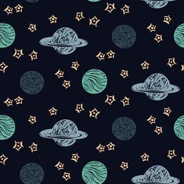 hand drawn space galaxy vector seamless pattern. night sky with stars and planets dark background. graphic childish print in scandinavian style.