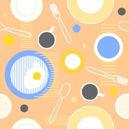 top view of the table. vector seamless pattern with breakfast: table cloth, fried egg on the plate, cups with tea or coffee, saucers, spoons, forks. design for kitchen textile, cafe decoration.
