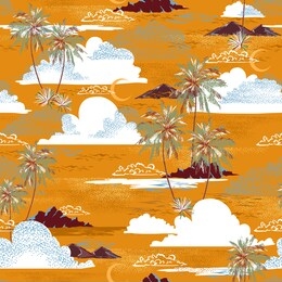 hawaiian island ocean vibes, palm tree, mountain ,sea waves moon and clouds in yellow summer background seamless pattern.design for all prints and graphic type