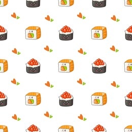 kawaii sushi, sashimi and rolls - seamless pattern or background, cartoon emoji manga style, traditional japanese or asian cuisine and food isolated on white - vector for wrapping, textile