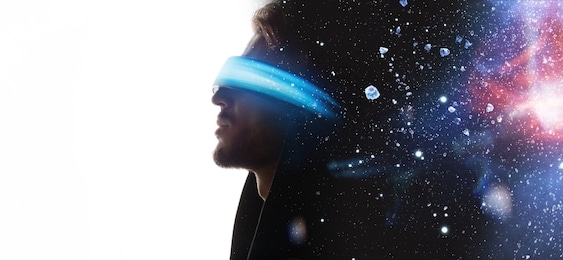 double exposure of male face. abstract man portrait. digital art. guy in glasses of virtual reality. augmented reality, dream, future technology, game concept. vr.