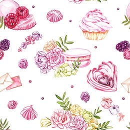 watercolor image of a seamless pattern of sweets, candies in the shape of hearts, chocolates, cakes and envelope, valentine's day. perfect for cards, prints, invitations, birthday cards.