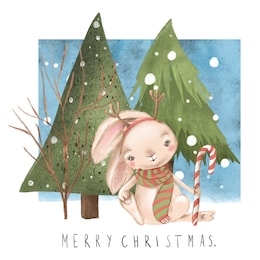 cute watercolor bunny christmas illustration card. bunny with peppermint cane, scarf and trees