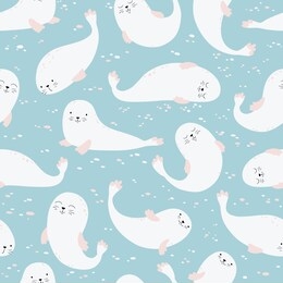 fur seals seamless pattern. vector cartoon illustration of a marine animal in a simple scandinavian style. the limited beige palette is ideal for printing on fabric, textile, wrapping paper.
