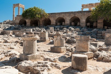 ruins of fortifications in acropolis lindos