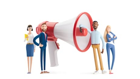 group of people shouting on megaphone. 3d illustration.  cartoon characters. hiring and recruitment concept with characters
