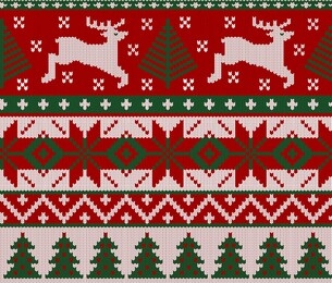 seamless knitted green, red and white pattern with deer. christmas backgroung