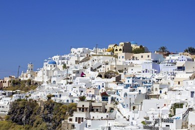 large view of imerovigli village in santorini greece