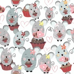 seamless pattern cute a little lady mouse having fun with chocolate,illustration vector doodle comic art.