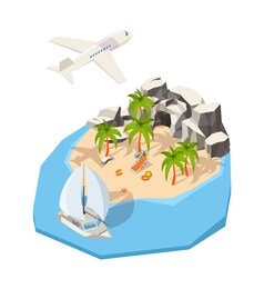 isometric island. dream holiday vacation at seaside summer passenger ship travel tour concept ocean vector island