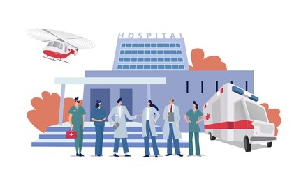 medical concept with hospital building and doctor in flat style. panoramic background with hospital building, medical staff, doctors, nurses, ambulance car and helicopter in flat style.