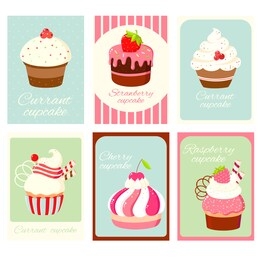 cupcake bakery shop in retro style. set of vintage vertical card, gift tag, badge, label with currant, cherry, raspberry and strawberry cupcakes. eps8 