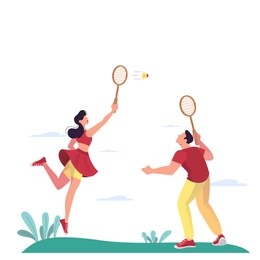 female and male character play badminton in the park. vector illustration of woman and man holding a racket, badminton player training. healthy lifestyle concept. isolated vector illustration