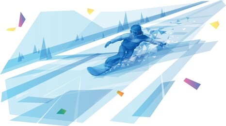 polygonal vector illustration of snowboarder free riding at high mountains