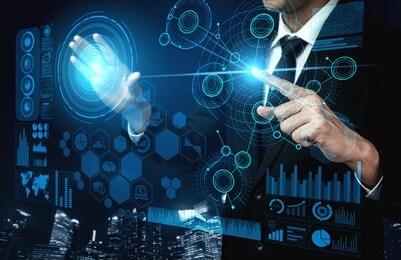 big data technology for business finance analytic concept. modern graphic interface shows massive information of business sale report, profit chart and stock market trends analysis on screen monitor.