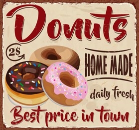 vintage donuts metal sign.retro poster 1950s style.