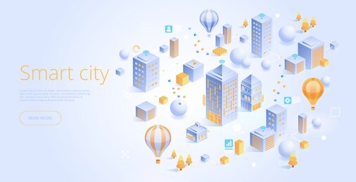 isometric vector concept of smart city or intelligent building. building automation with computer networking illustration. iot platform as future technology. management system thematic background.