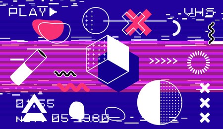 trendy background with glitched vhs effect and geometric shapes in memphis 80s-90s style. modern retrofuturistic bright vector illustration for poster and cover.