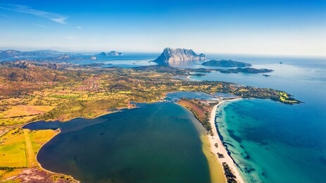 view from flying drone. awesome summer view of la cinta beach. perfect morning scene of sardinia island, italy, europe. aerial mediterranean seascape. beauty of nature concept background.