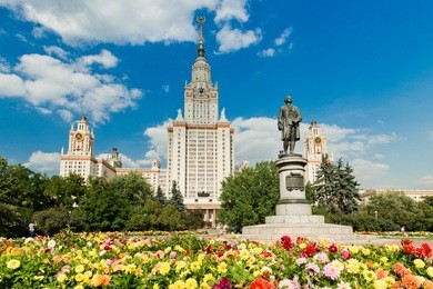 lomonosov monument and main building of moscow state university 