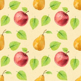 seamless pattern with watercolor apples, pears, leaves