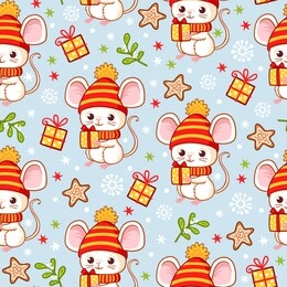 vector seamless pattern with a mouse that is holding a new year's gift in its hands. cartoon style christmas theme picture.
