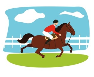 equestrian, derby sport flat hand drawn color illustration. stallion. equestrianism. racehorse hand drawn clipart. horse racing competition.professional jockeys, riders. hippodrome, isolated