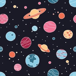 night space seamless pattern with planets and hand drawn elements. color doodle childish texture. great for fabric, textile. vector illustration