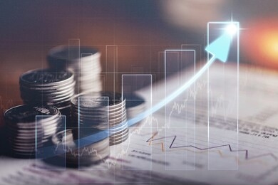 double exposure of rows of coins and account book in finance and banking concept