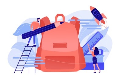 students put pencil and ruler into backpack. back to school bash services, free backpacks and school supplies, preparing for new school year concept. pink coral blue vector isolated illustration.