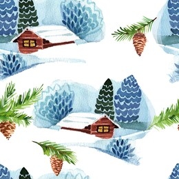 christmas seamless pattern on white. cute winter background with christmas landscape watercolor with small house and tries. 