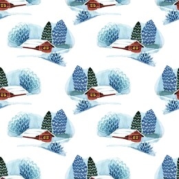 christmas seamless pattern on white. cute winter background with christmas landscape watercolor with small house and tries. 