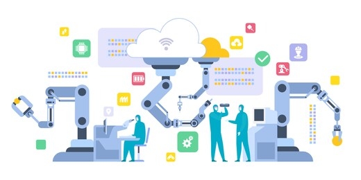 smart industry 4.0 vector illustration. internet of things technology. efficient smart factory with workers and robots. user connecting with a tablet and sharing data with a cyber-physical system.