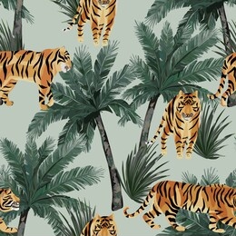 jungle seamless pattern. tropical palm trees and tiger. vector illustration 