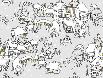 merry old houses with snowflakes and lights on christmas eve in black and yellow colors seamless pattern on light gray background.