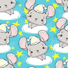 mouse in a hat for sleep a cloud and stars on a blue background. pattern seamless print design for baby pajamas.