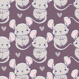 cute gray mouse and heart pattern. print design for nursery, textile, poster. beautiful ornament background. seamless. sketch rat.