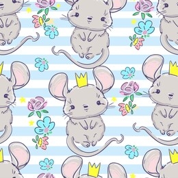 hand drawn cute gray mouse in a crown and flowers pattern seamless. illustration stock. children's print trend.
