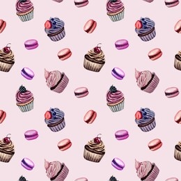 watercolor cupcakes and macaroons on a pink background. pastry seamless pattern.