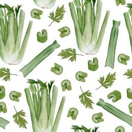seamless watercolor hand drawn pattern with tasty juicy vegetable green celery apium cut stems leaves healthy organic vegetarian nutrition ingredient for kitchen textile juice package natural food 