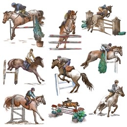 horses - show jumping. colored collection of an hand drawn illustrations. full sized hand drawn illustrations, originals, drawing on white background. freehand sketching, line art.