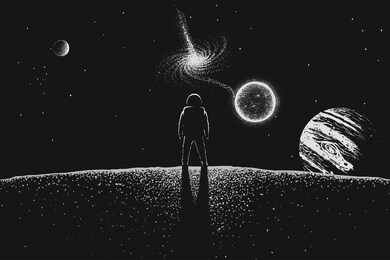 astronaut looks to universe from planet