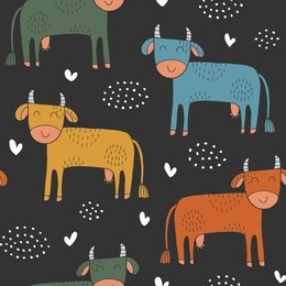 seamless texture with funny cows and hand drawn elements. childish background - animals on the farm. eps10 vector line-art drawing.
