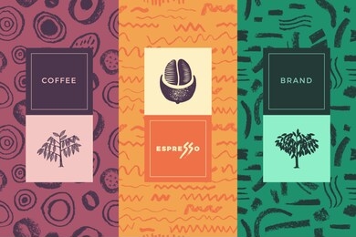 coffee shop emblem, cafe menu with repeated brush stroke texture, packaging design, organic coffee logo, take away coffee, 100% arabica badge. abstract seamless pattern, vector creative background. 