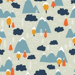 winter forest and mountains seamless vector background. winter season pattern. mountains, forest trees covered in snow. clouds cold weather design. scandinavian flat cartoon style. wallpaper, fabric