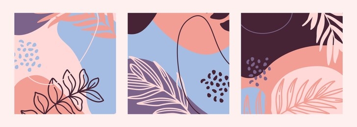 set of abstract print outline of the plants and geometric shapes in a minimal trendy style templates for social media post. vector background collage art. for posters, postcards, covers, prints.