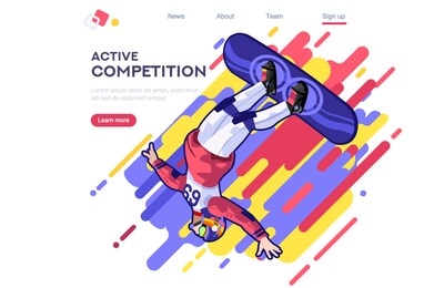 snowboard, jumps in the nature. male outdoors. dangerous activity entertainment. cool clothing for sportsman active. clothe set. competition, vacation, extreme road,or  winter landscape illustration for young people