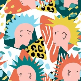 bright, juicy seamless pattern with animal-themed abstractions, leopard, zebra stripes and punks heads. rock pattern, music, mohawk.